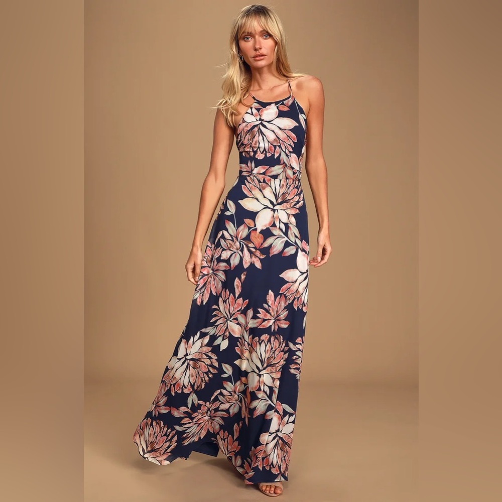 Lulus Adventure Seeker Navy Blue Floral Print Maxi Dress. Size small.